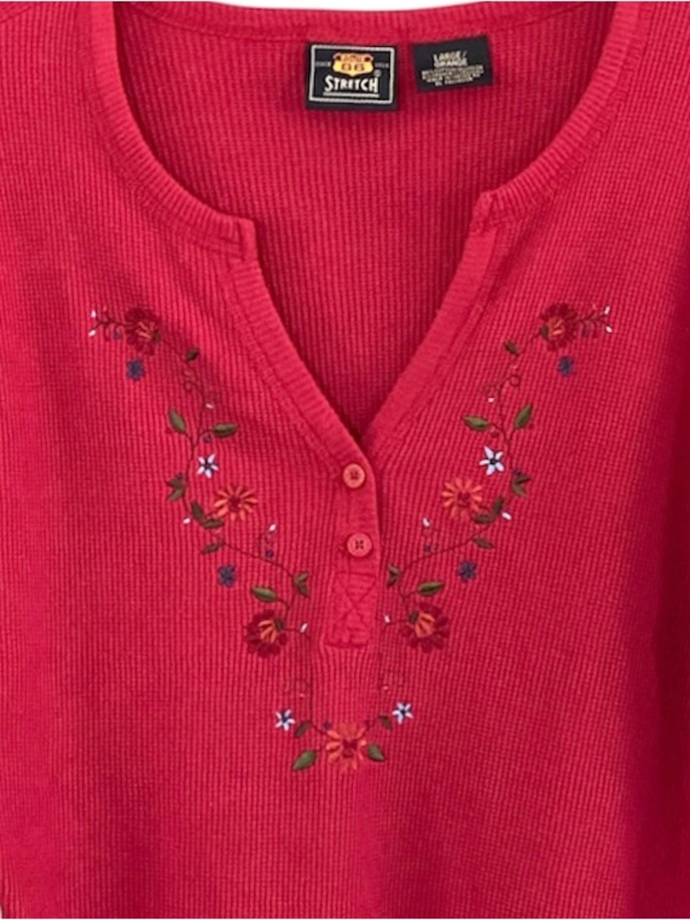 Y2K Red Floral Embroidered Henley Thermal Shirt L Long Sleeve Fairy Grunge Boho - Picture 4 of 9